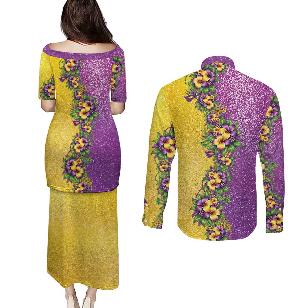 Hawaii Mardi Gras Couples Matching Puletasi and Long Sleeve Button Shirt Plumeria Lei Beads Glitter Style LT05 - Polynesian Pride