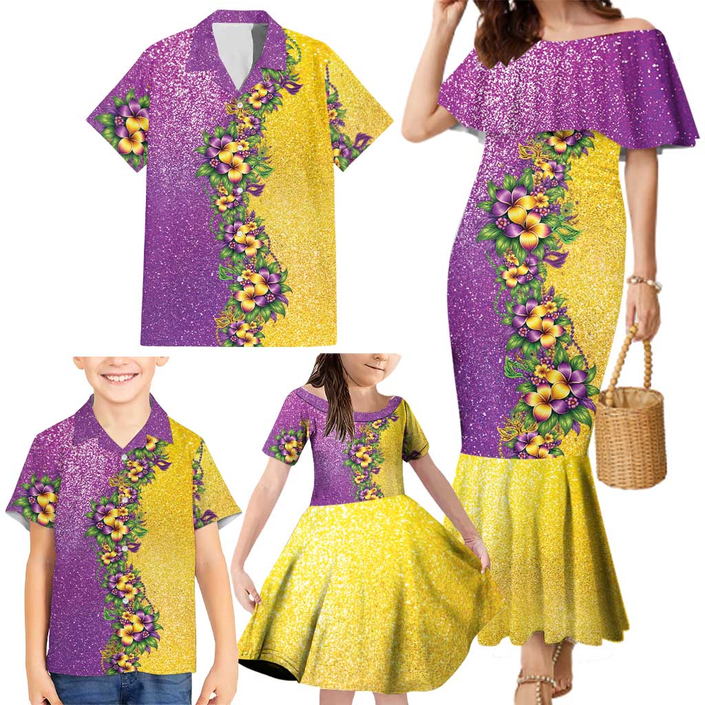 Hawaii Mardi Gras Family Matching Mermaid Dress and Hawaiian Shirt Plumeria Lei Beads Glitter Style