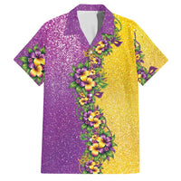 Hawaii Mardi Gras Family Matching Off The Shoulder Long Sleeve Dress and Hawaiian Shirt Plumeria Lei Beads Glitter Style