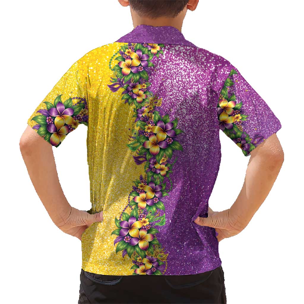 Hawaii Mardi Gras Family Matching Off Shoulder Short Dress and Hawaiian Shirt Plumeria Lei Beads Glitter Style