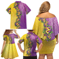 Hawaii Mardi Gras Family Matching Off Shoulder Short Dress and Hawaiian Shirt Plumeria Lei Beads Glitter Style
