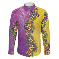 Hawaii Mardi Gras Family Matching Off Shoulder Short Dress and Hawaiian Shirt Plumeria Lei Beads Glitter Style