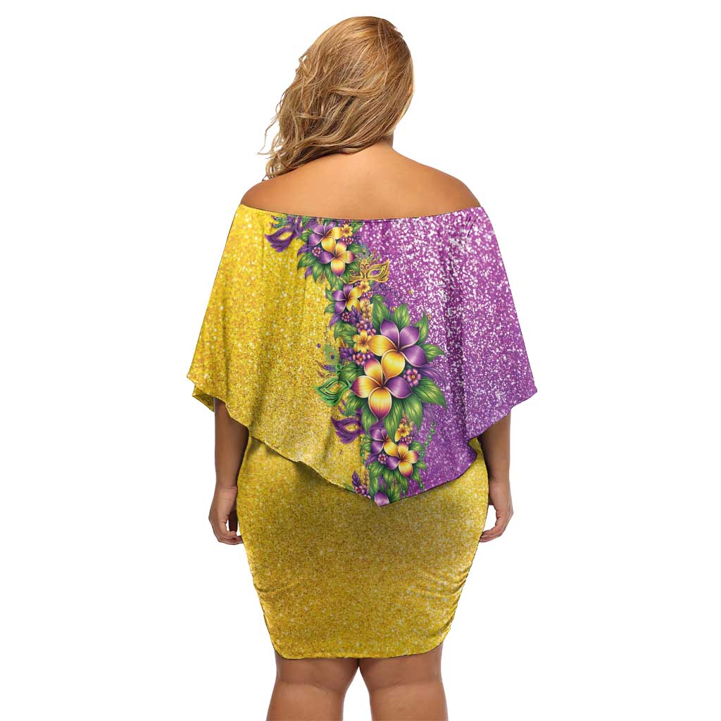 Hawaii Mardi Gras Family Matching Off Shoulder Short Dress and Hawaiian Shirt Plumeria Lei Beads Glitter Style