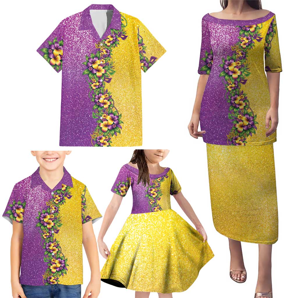Hawaii Mardi Gras Family Matching Puletasi and Hawaiian Shirt Plumeria Lei Beads Glitter Style