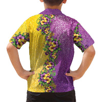 Hawaii Mardi Gras Family Matching Short Sleeve Bodycon Dress and Hawaiian Shirt Plumeria Lei Beads Glitter Style
