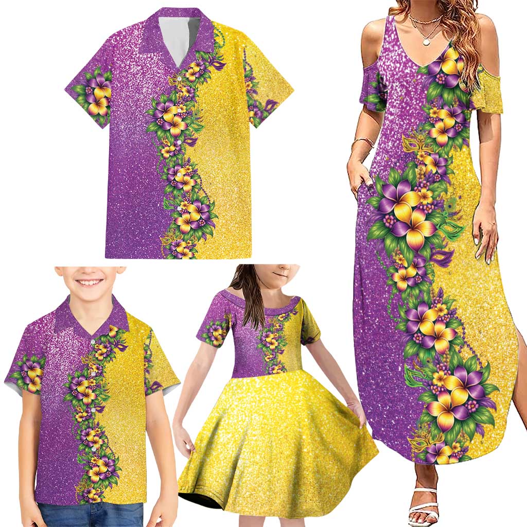 Hawaii Mardi Gras Family Matching Summer Maxi Dress and Hawaiian Shirt Plumeria Lei Beads Glitter Style