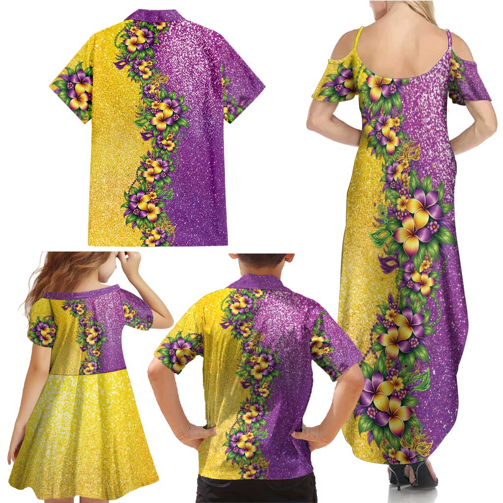 Hawaii Mardi Gras Family Matching Summer Maxi Dress and Hawaiian Shirt Plumeria Lei Beads Glitter Style