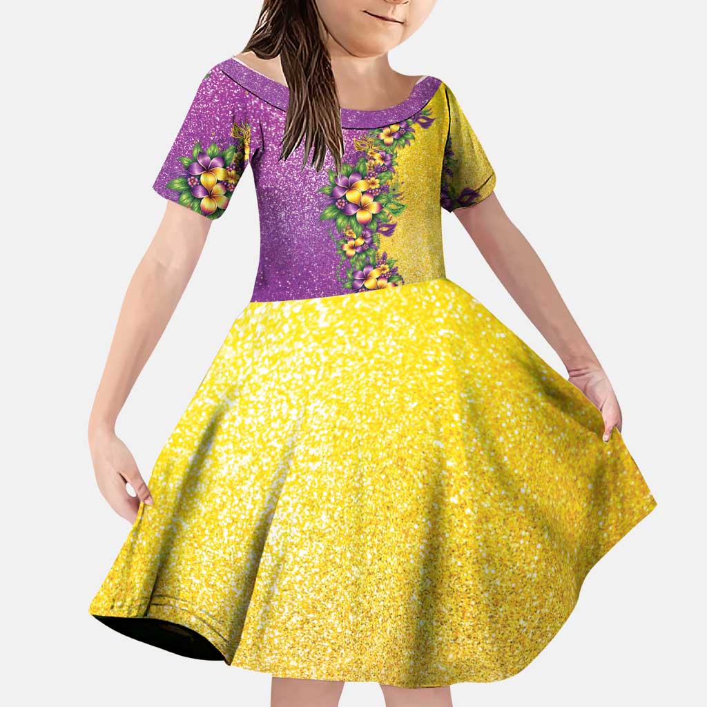 Hawaii Mardi Gras Family Matching Tank Maxi Dress and Hawaiian Shirt Plumeria Lei Beads Glitter Style