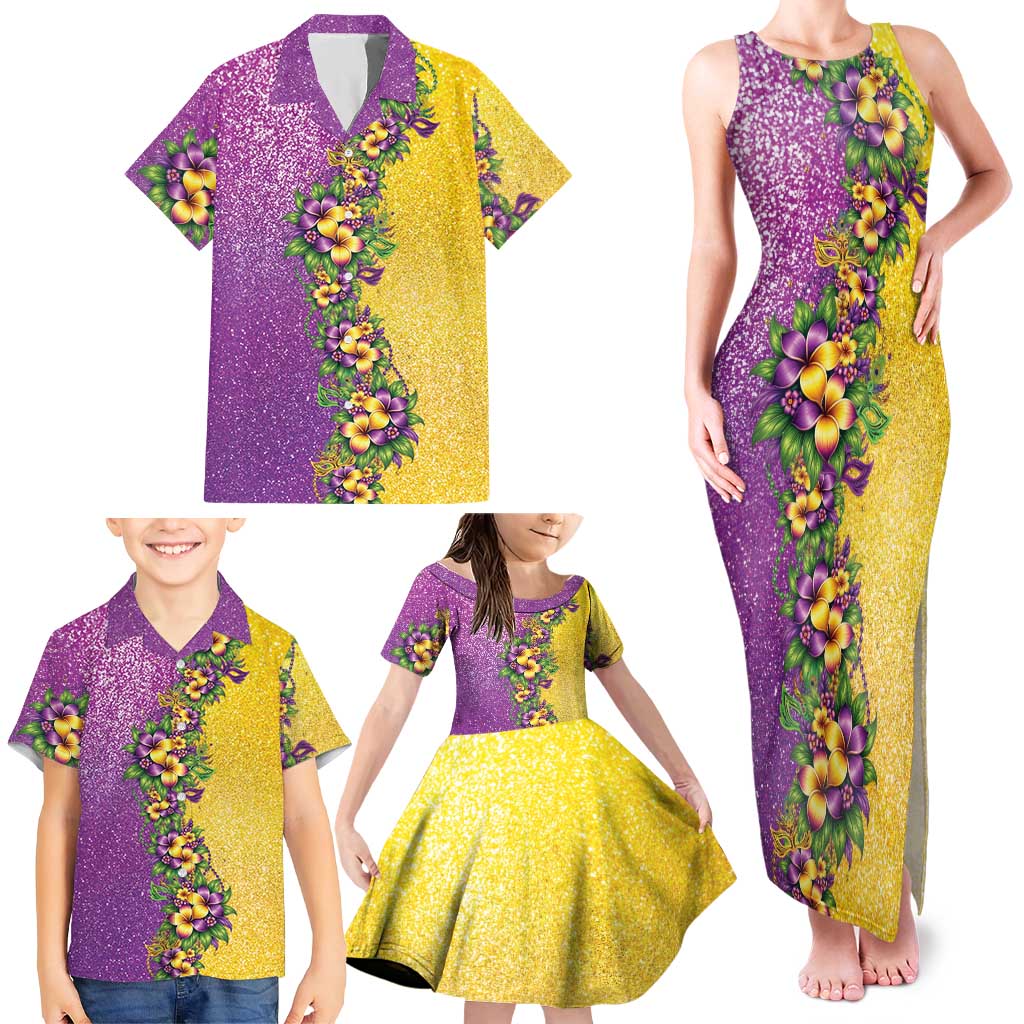 Hawaii Mardi Gras Family Matching Tank Maxi Dress and Hawaiian Shirt Plumeria Lei Beads Glitter Style