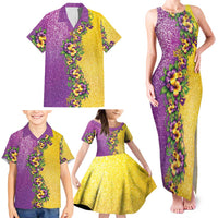 Hawaii Mardi Gras Family Matching Tank Maxi Dress and Hawaiian Shirt Plumeria Lei Beads Glitter Style