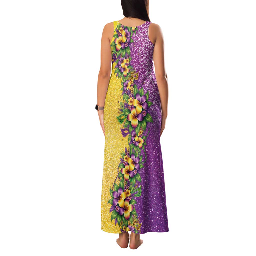 Hawaii Mardi Gras Family Matching Tank Maxi Dress and Hawaiian Shirt Plumeria Lei Beads Glitter Style