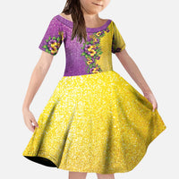 Hawaii Mardi Gras Kid Short Sleeve Dress Plumeria Lei Beads Glitter Style