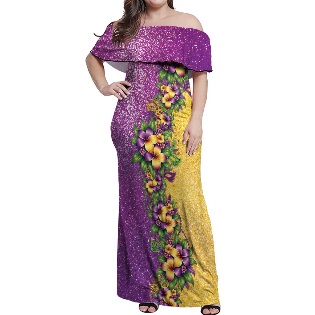 Hawaii Mardi Gras Off Shoulder Maxi Dress Plumeria Lei Beads Glitter Style