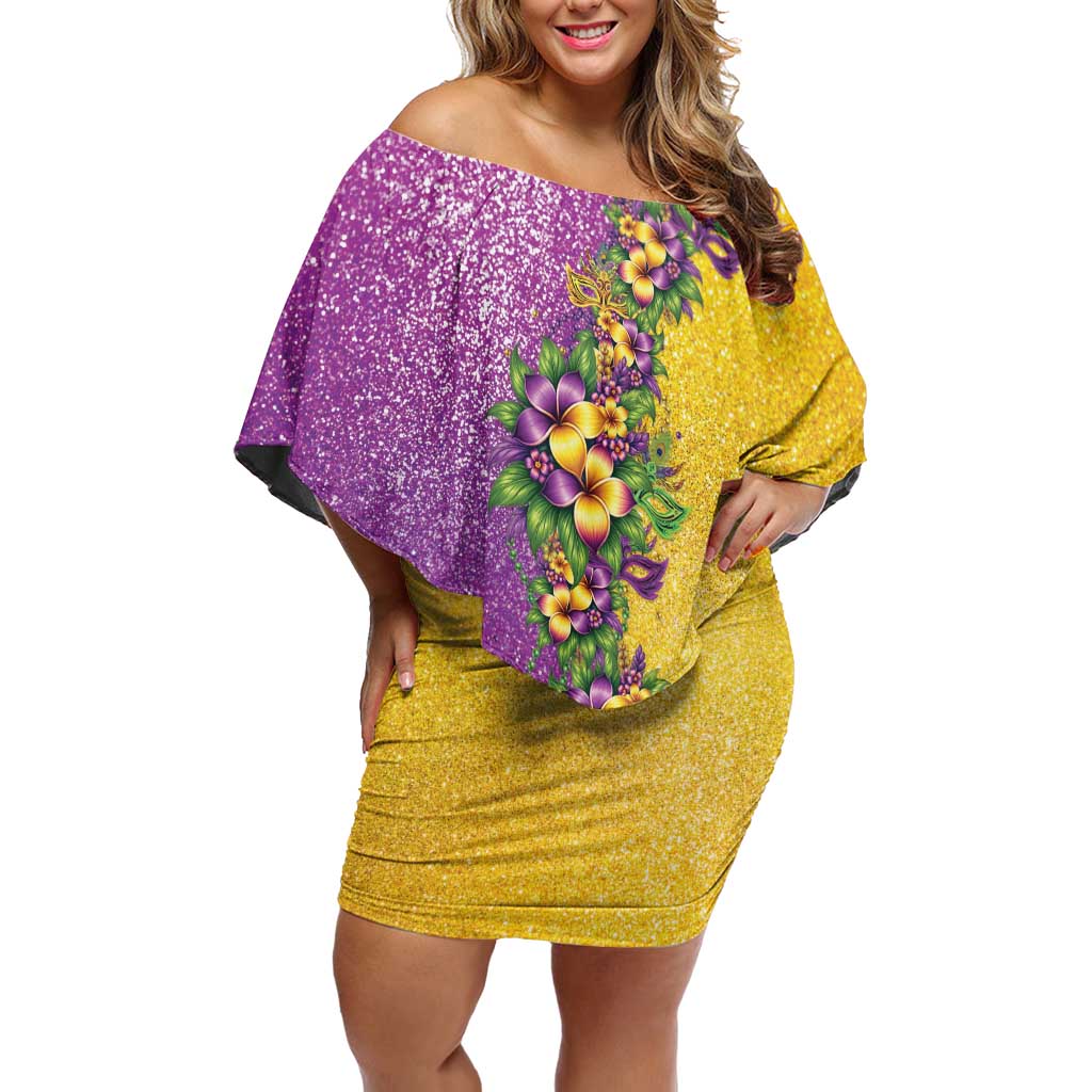 Hawaii Mardi Gras Off Shoulder Short Dress Plumeria Lei Beads Glitter Style