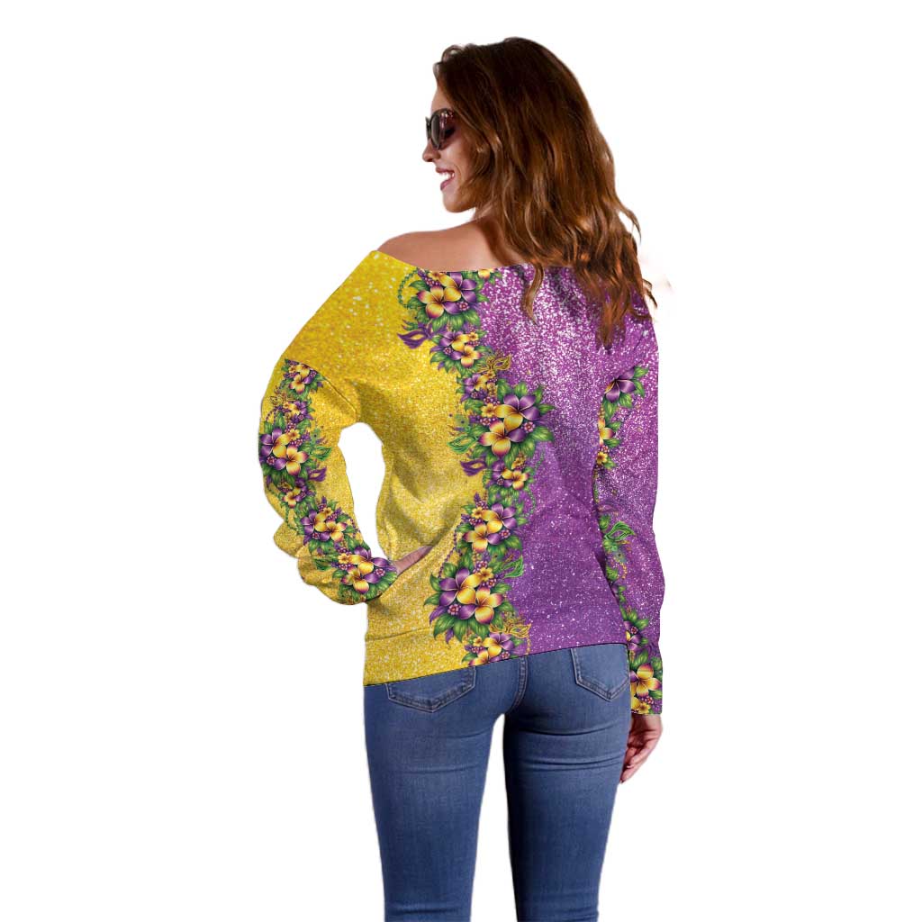 Hawaii Mardi Gras Off Shoulder Sweater Plumeria Lei Beads Glitter Style