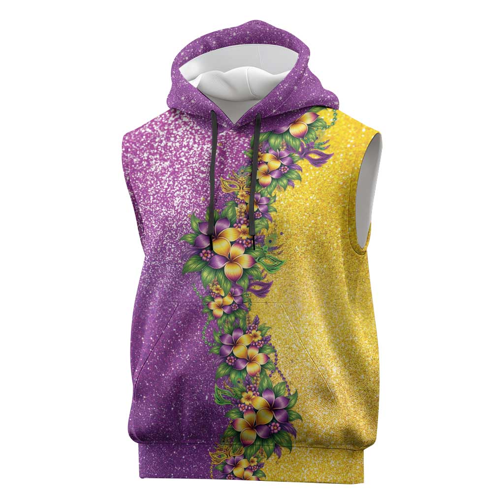Hawaii Mardi Gras Sleeveless Hoodie Plumeria Lei Beads Glitter Style