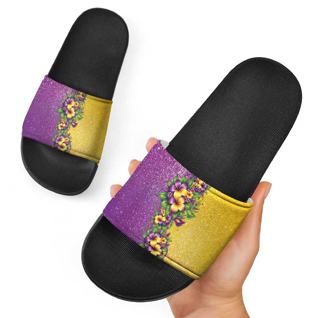 Hawaii Mardi Gras Slide Sandals Plumeria Lei Beads Glitter Style