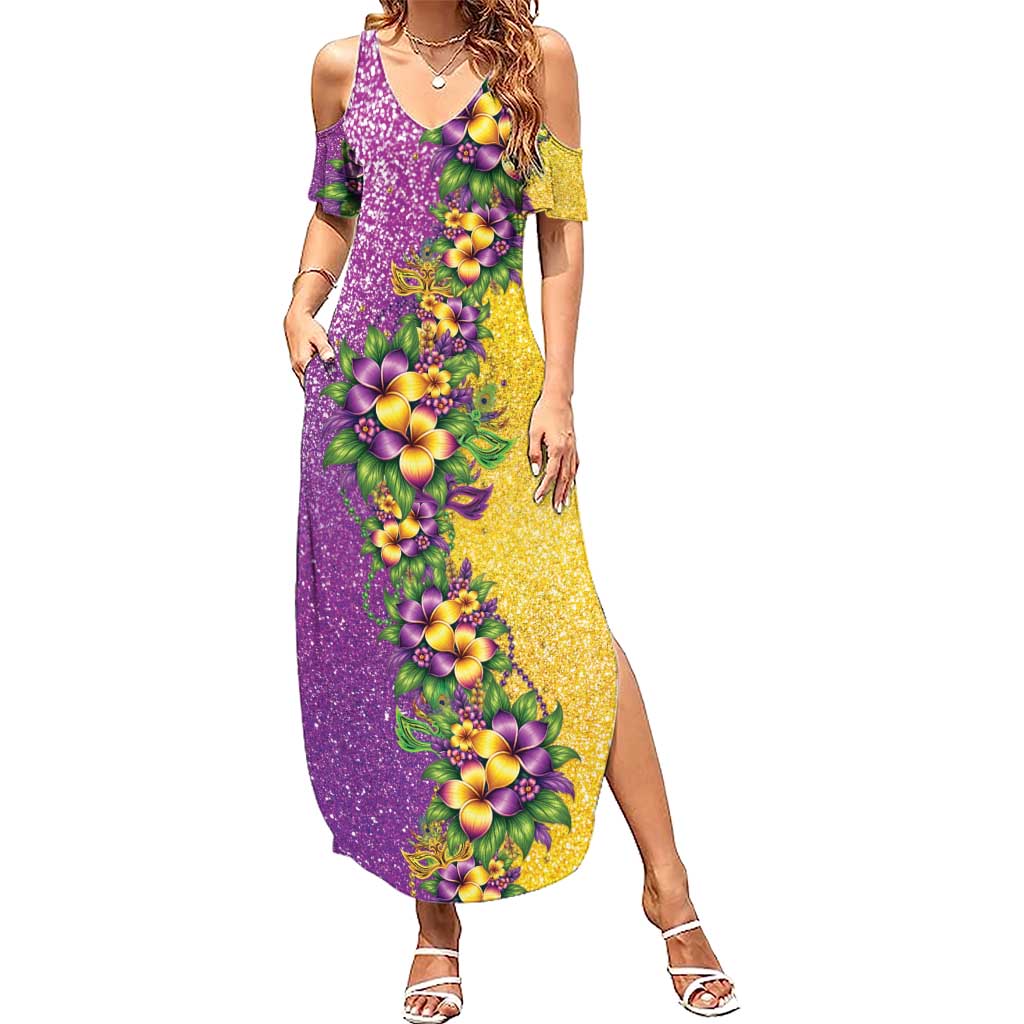 Hawaii Mardi Gras Summer Maxi Dress Plumeria Lei Beads Glitter Style LT05 Women Colorful - Polynesian Pride