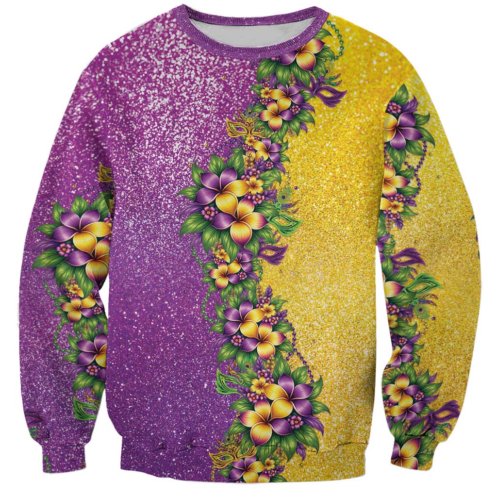 Hawaii Mardi Gras Sweatshirt Plumeria Lei Beads Glitter Style