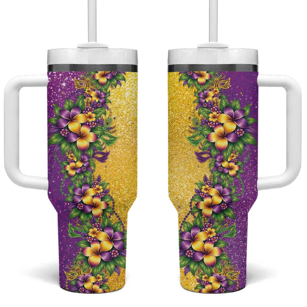 Hawaii Mardi Gras Tumbler With Handle Plumeria Lei Beads Glitter Style LT05 One Size: 40 oz Colorful - Polynesian Pride