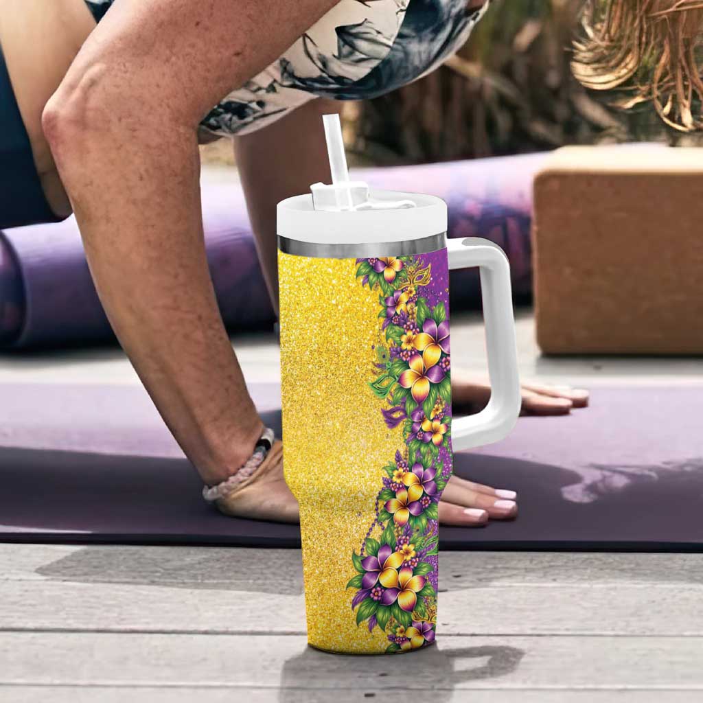 Hawaii Mardi Gras Tumbler With Handle Plumeria Lei Beads Glitter Style LT05 - Polynesian Pride