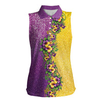 Hawaii Mardi Gras Women Sleeveless Polo Shirt Plumeria Lei Beads Glitter Style LT05 Female Colorful - Polynesian Pride