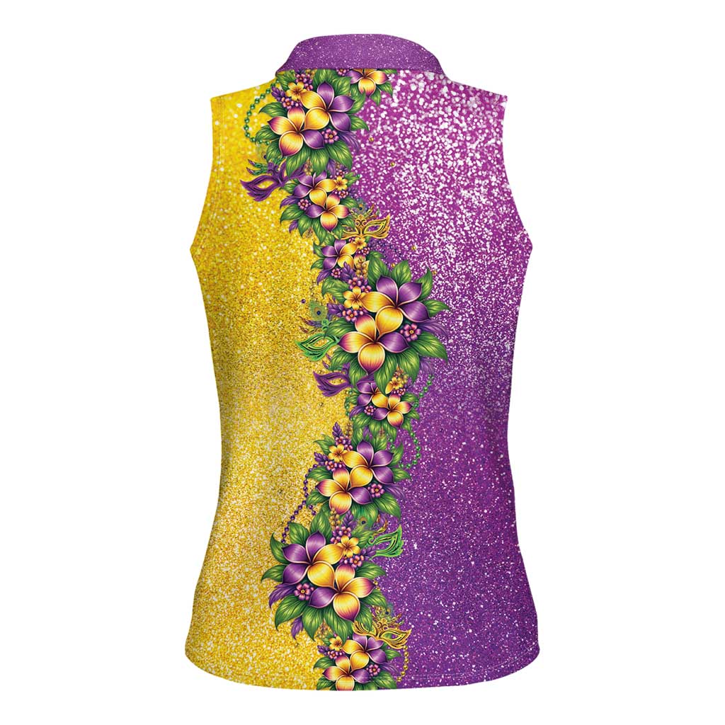 Hawaii Mardi Gras Women Sleeveless Polo Shirt Plumeria Lei Beads Glitter Style LT05 - Polynesian Pride