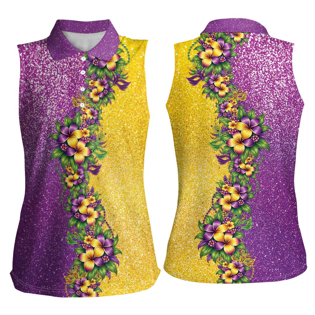 Hawaii Mardi Gras Women Sleeveless Polo Shirt Plumeria Lei Beads Glitter Style LT05 - Polynesian Pride