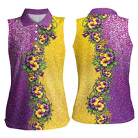 Hawaii Mardi Gras Women Sleeveless Polo Shirt Plumeria Lei Beads Glitter Style LT05 - Polynesian Pride