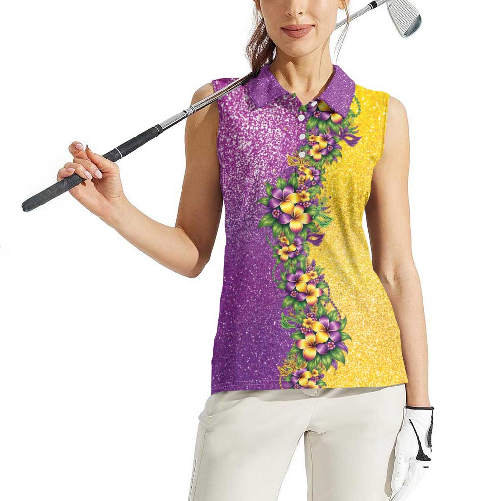 Hawaii Mardi Gras Women Sleeveless Polo Shirt Plumeria Lei Beads Glitter Style LT05 - Polynesian Pride