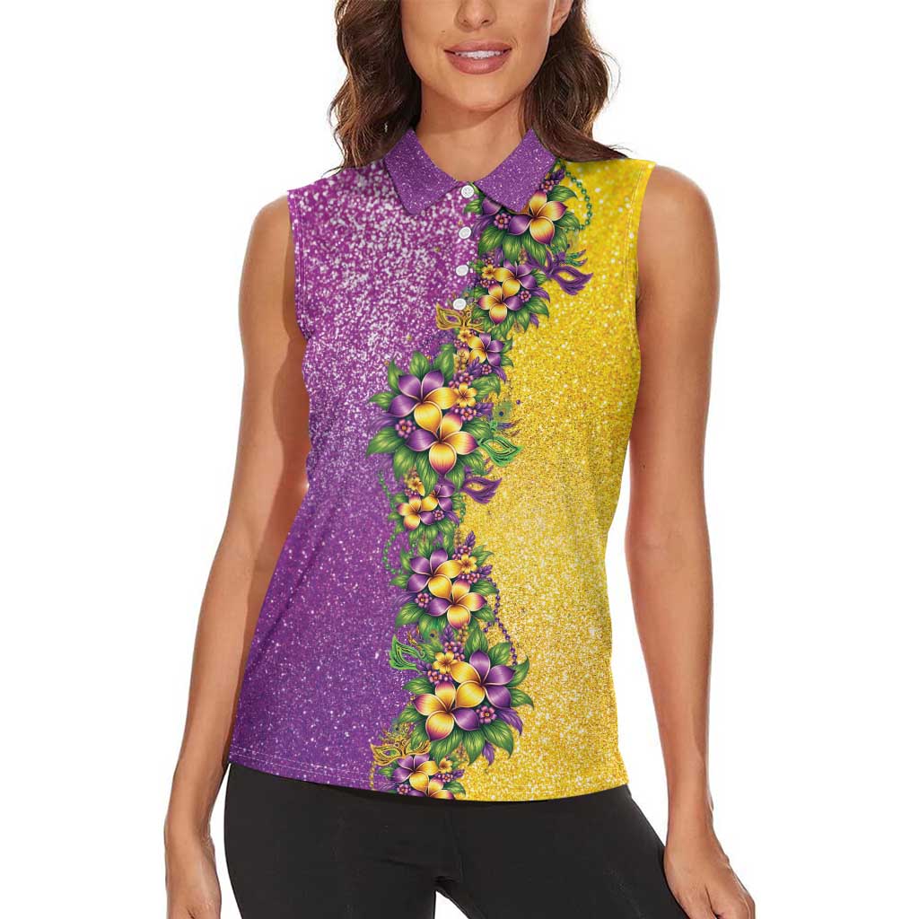 Hawaii Mardi Gras Women Sleeveless Polo Shirt Plumeria Lei Beads Glitter Style LT05 - Polynesian Pride