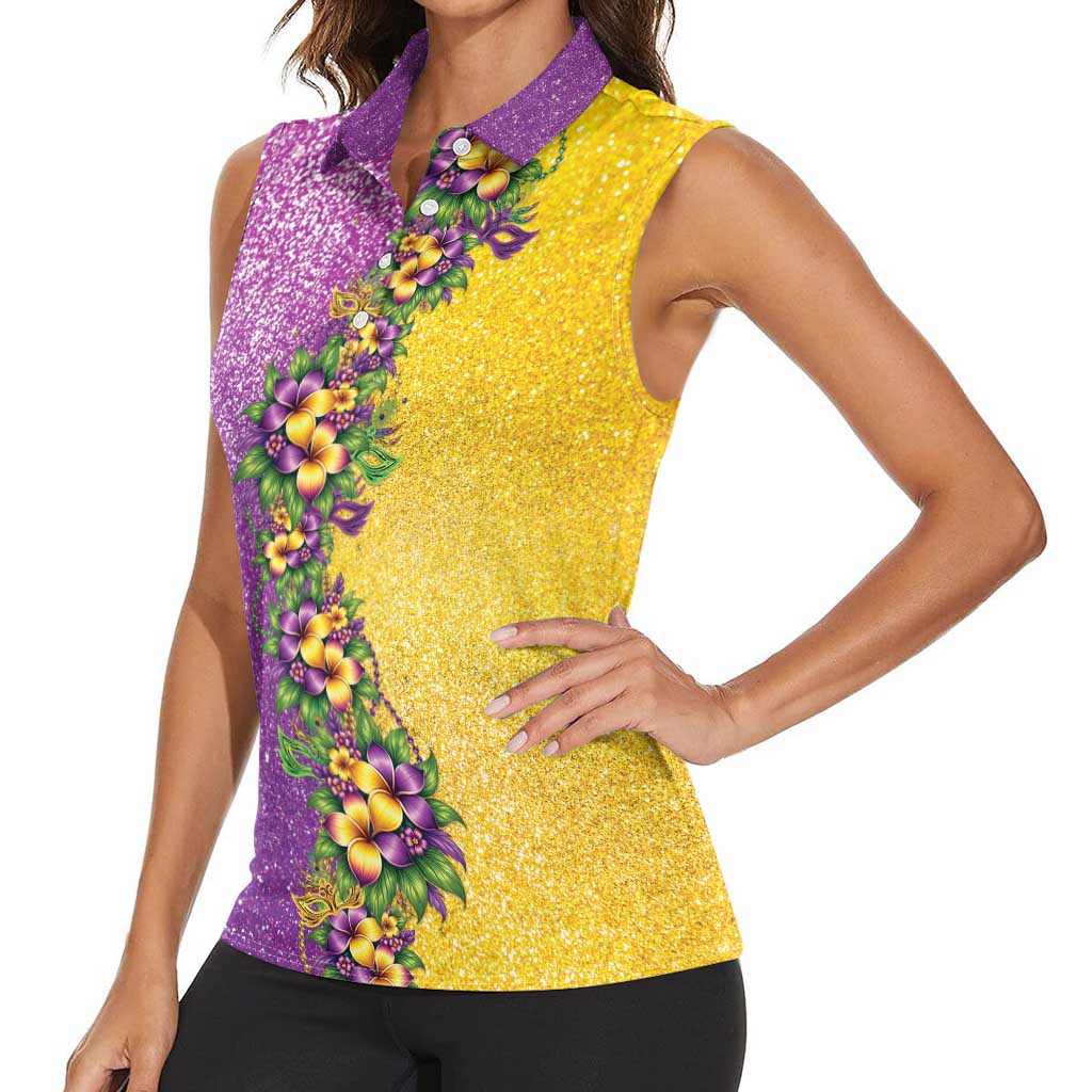 Hawaii Mardi Gras Women Sleeveless Polo Shirt Plumeria Lei Beads Glitter Style LT05 - Polynesian Pride