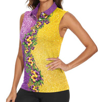 Hawaii Mardi Gras Women Sleeveless Polo Shirt Plumeria Lei Beads Glitter Style LT05 - Polynesian Pride