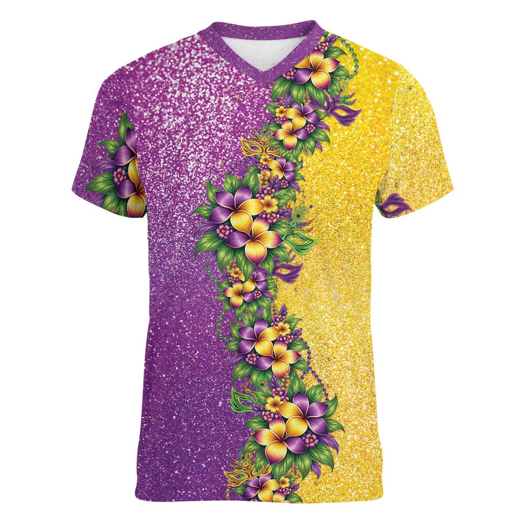Hawaii Mardi Gras Women V-Neck T-Shirt Plumeria Lei Beads Glitter Style LT05 Female Colorful - Polynesian Pride