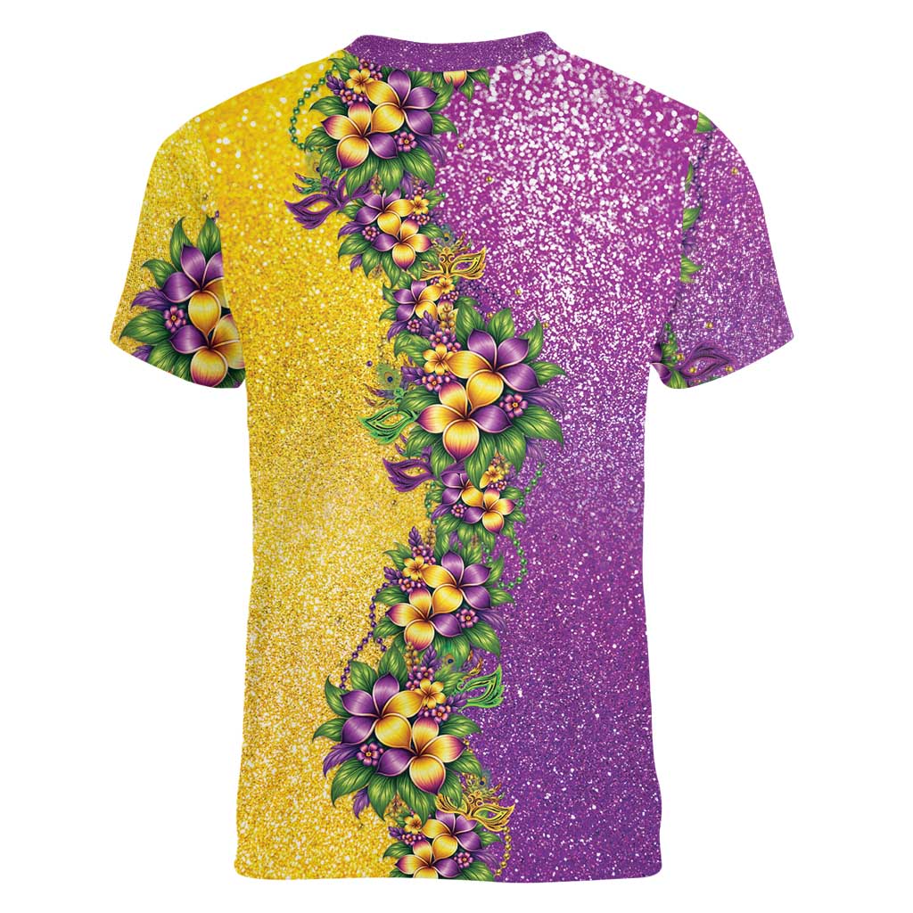 Hawaii Mardi Gras Women V-Neck T-Shirt Plumeria Lei Beads Glitter Style LT05 - Polynesian Pride