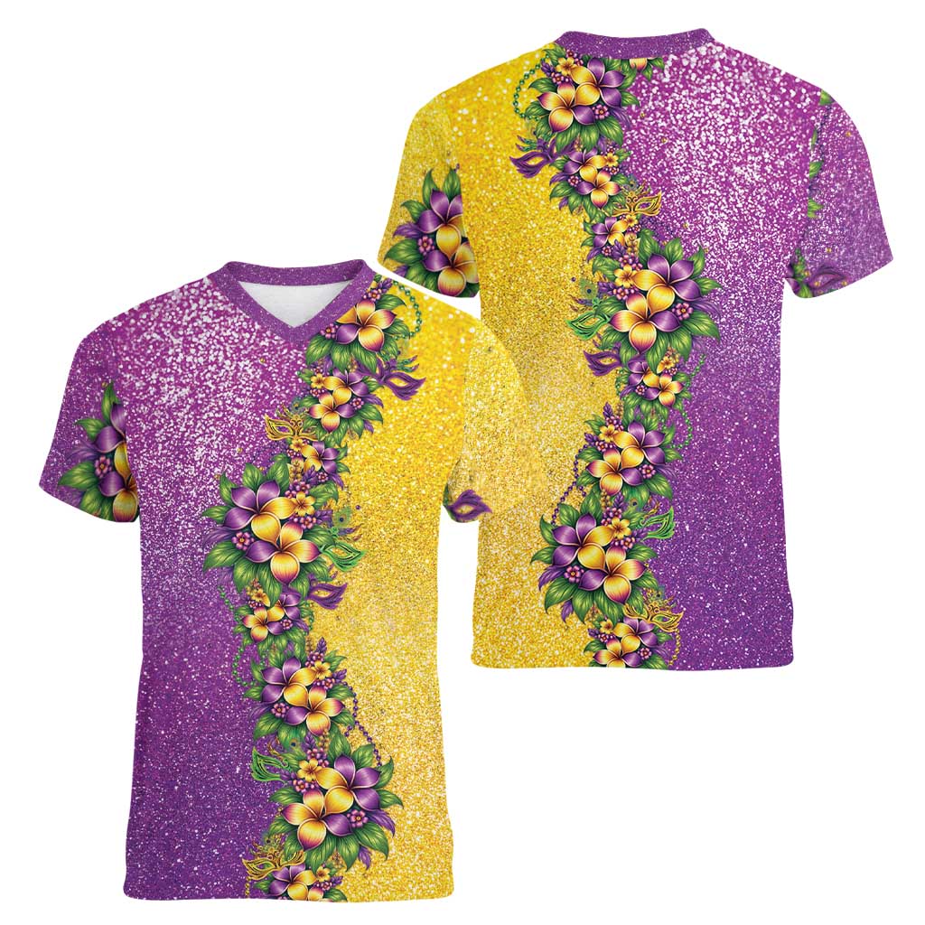 Hawaii Mardi Gras Women V-Neck T-Shirt Plumeria Lei Beads Glitter Style LT05 - Polynesian Pride