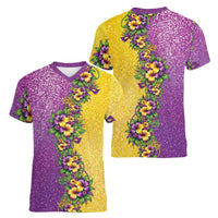 Hawaii Mardi Gras Women V-Neck T-Shirt Plumeria Lei Beads Glitter Style LT05 - Polynesian Pride