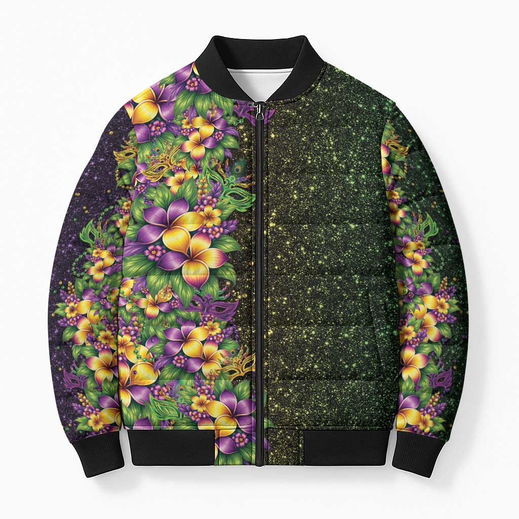 Hawaii Mardi Gras Bomber Puffer Jacket Tropical Flowers Glitter Style