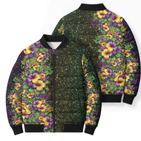 Hawaii Mardi Gras Bomber Puffer Jacket Tropical Flowers Glitter Style