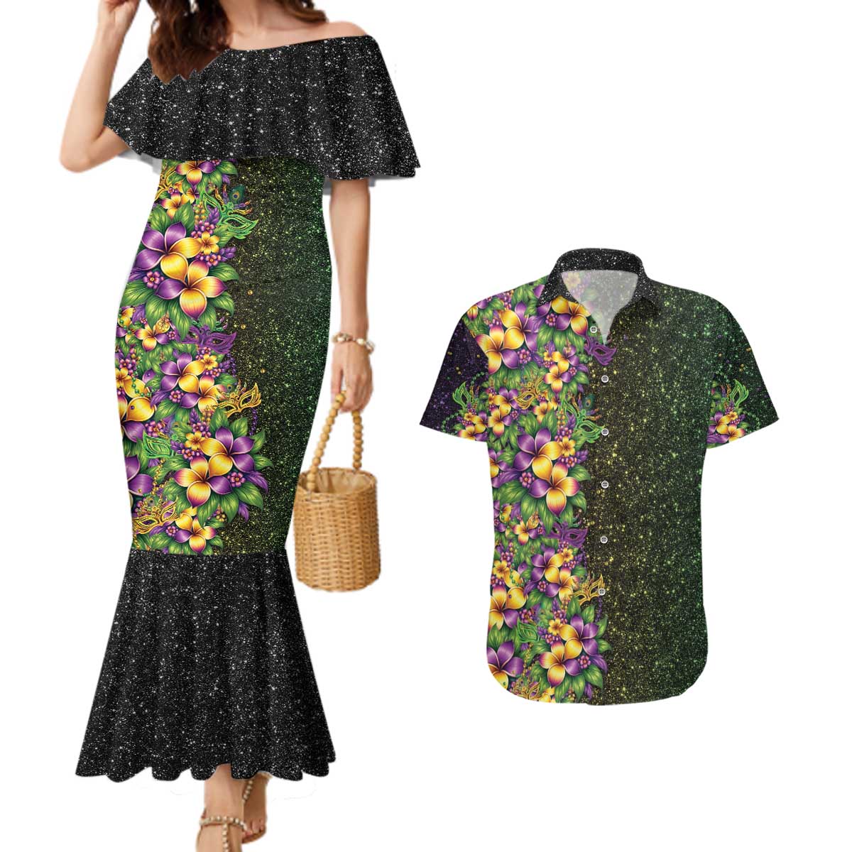 Hawaii Mardi Gras Couples Matching Mermaid Dress and Hawaiian Shirt Tropical Flowers Glitter Style