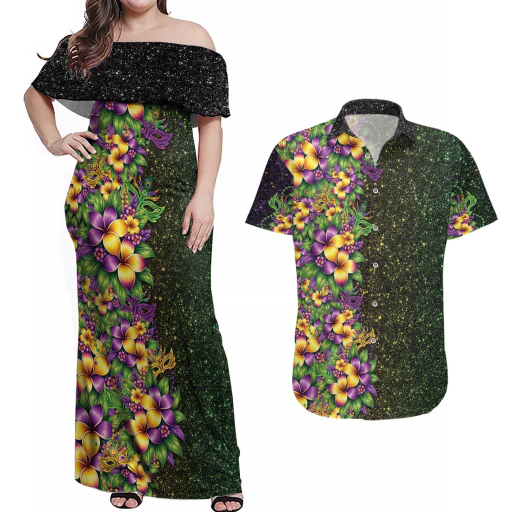 Hawaii Mardi Gras Couples Matching Off Shoulder Maxi Dress and Hawaiian Shirt Tropical Flowers Glitter Style