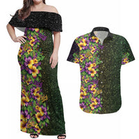 Hawaii Mardi Gras Couples Matching Off Shoulder Maxi Dress and Hawaiian Shirt Tropical Flowers Glitter Style