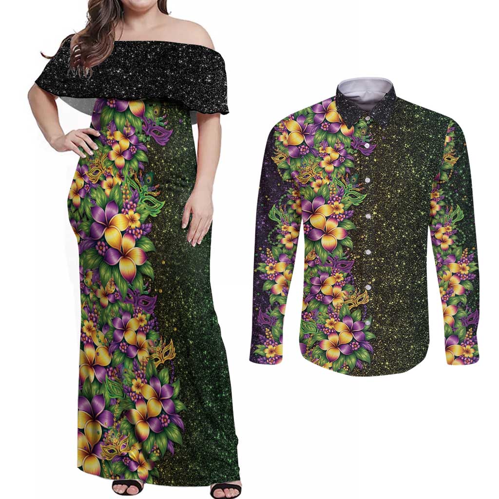 Hawaii Mardi Gras Couples Matching Off Shoulder Maxi Dress and Long Sleeve Button Shirt Tropical Flowers Glitter Style LT05 Black - Polynesian Pride