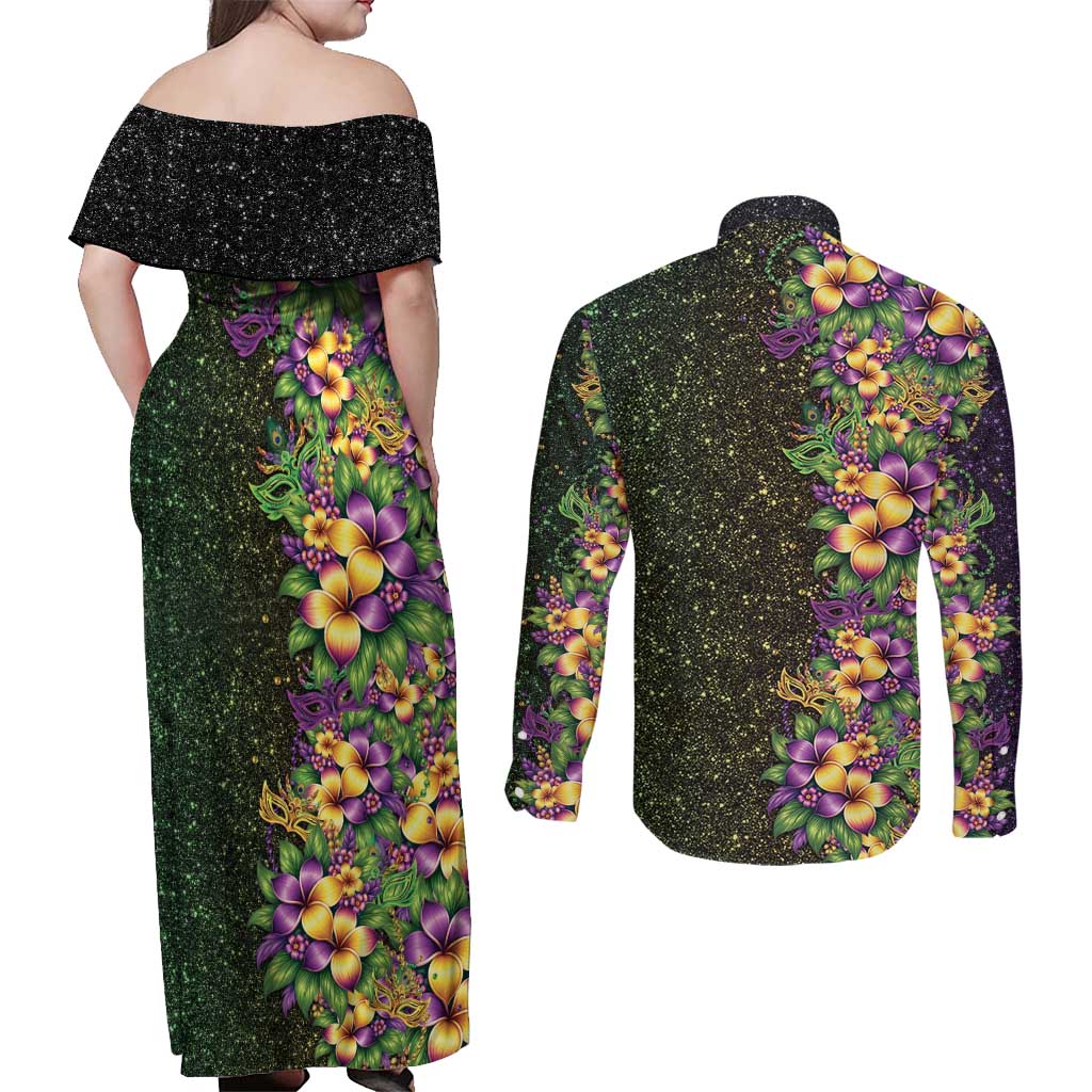 Hawaii Mardi Gras Couples Matching Off Shoulder Maxi Dress and Long Sleeve Button Shirt Tropical Flowers Glitter Style LT05 - Polynesian Pride
