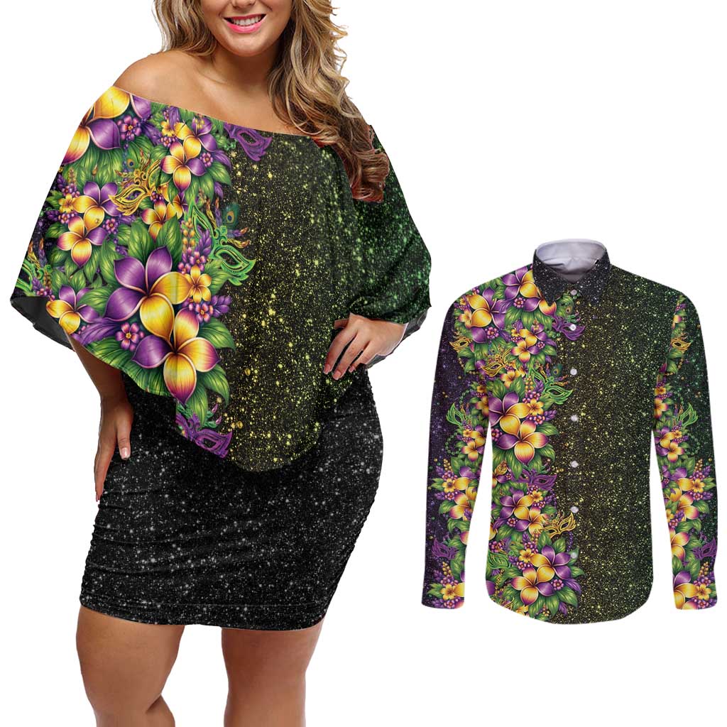 Hawaii Mardi Gras Couples Matching Off Shoulder Short Dress and Long Sleeve Button Shirt Tropical Flowers Glitter Style