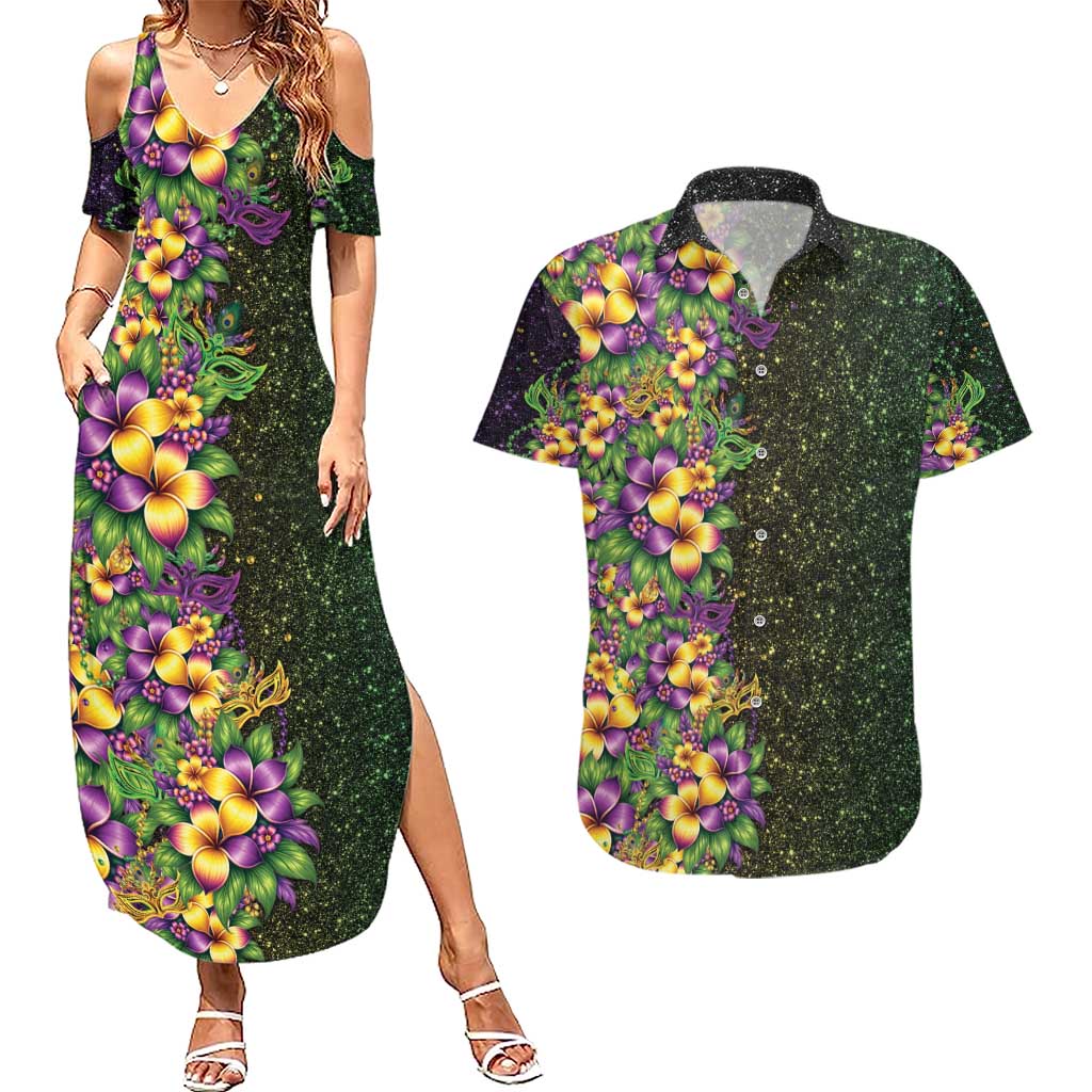 Hawaii Mardi Gras Couples Matching Summer Maxi Dress and Hawaiian Shirt Tropical Flowers Glitter Style
