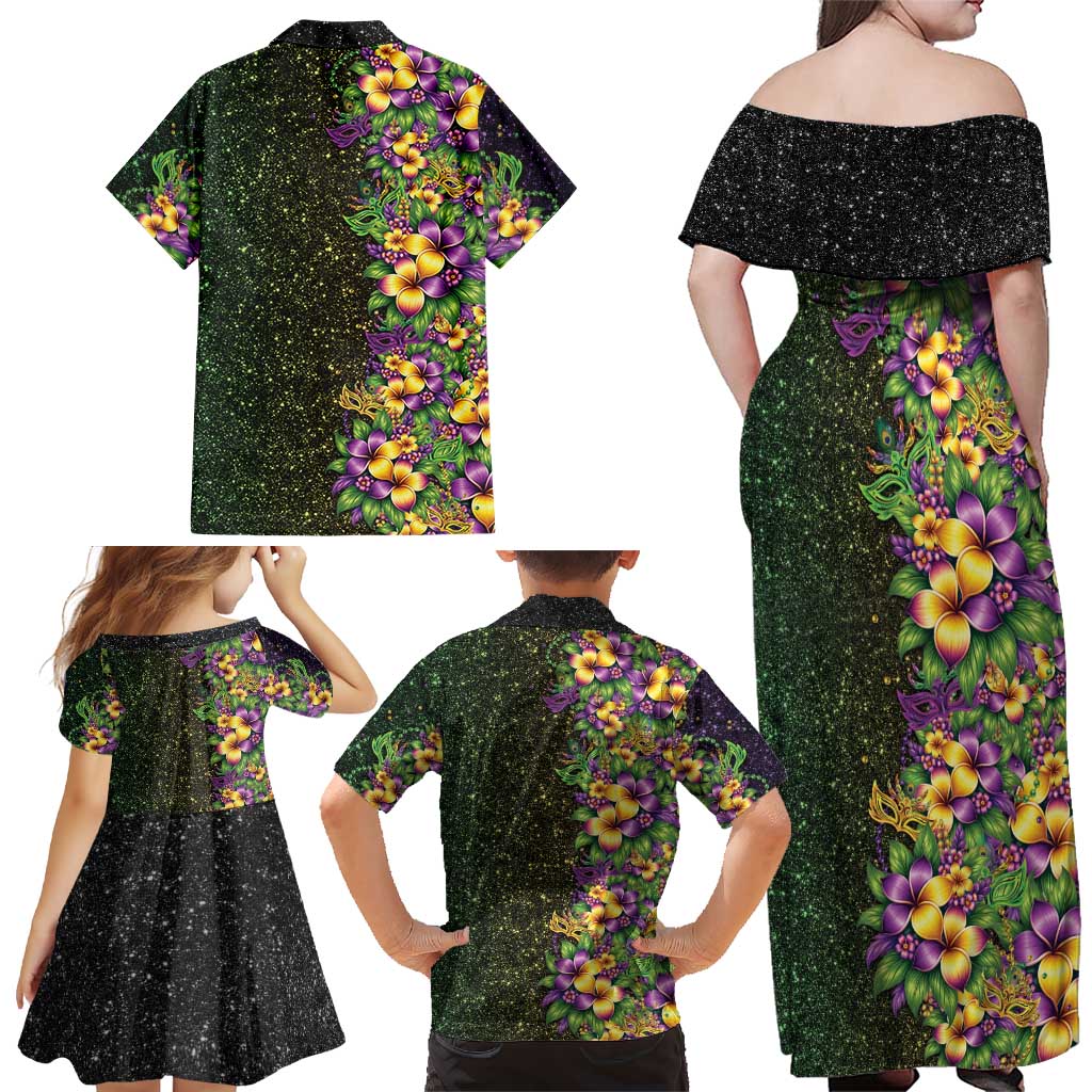 Hawaii Mardi Gras Family Matching Off Shoulder Maxi Dress and Hawaiian Shirt Tropical Flowers Glitter Style