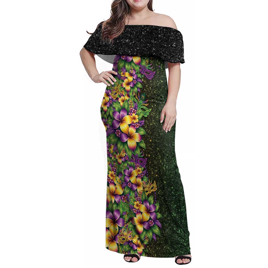 Hawaii Mardi Gras Family Matching Off Shoulder Maxi Dress and Hawaiian Shirt Tropical Flowers Glitter Style