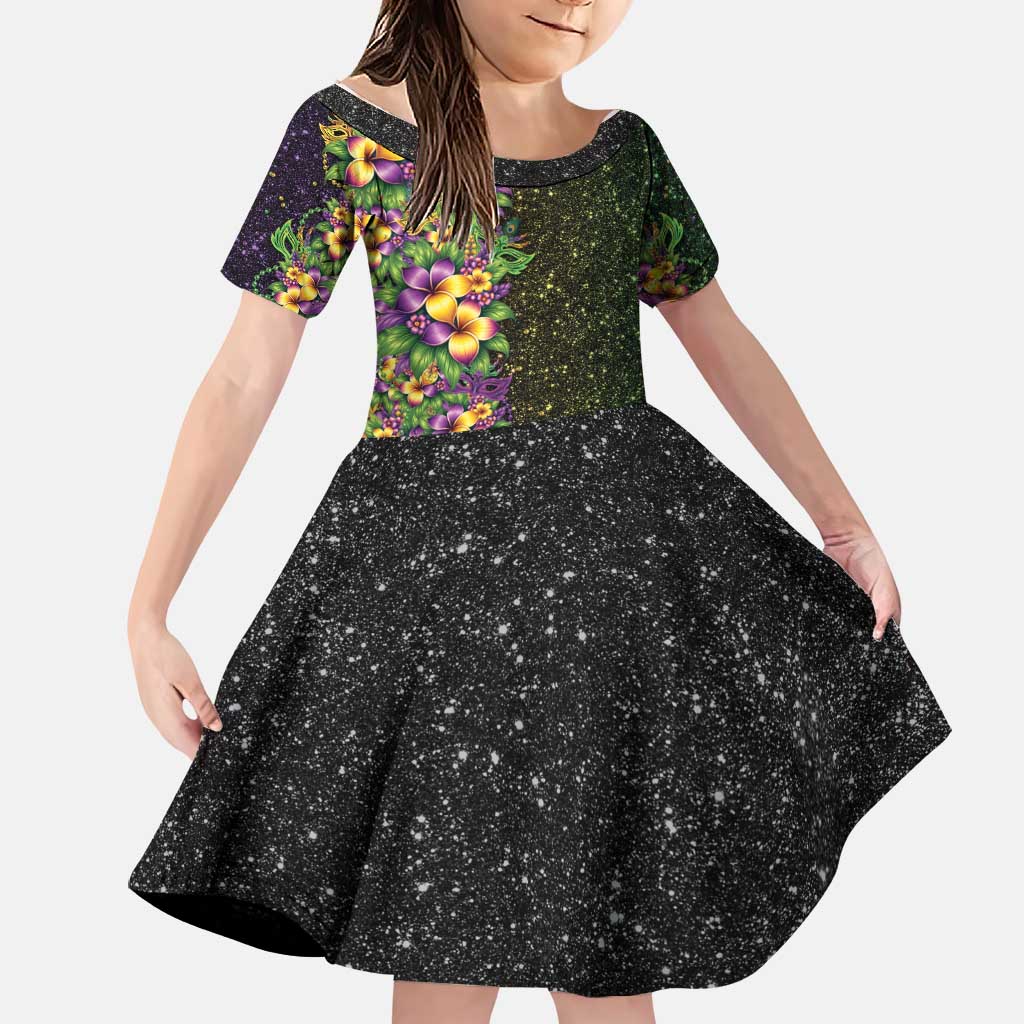Hawaii Mardi Gras Family Matching Short Sleeve Bodycon Dress and Hawaiian Shirt Tropical Flowers Glitter Style