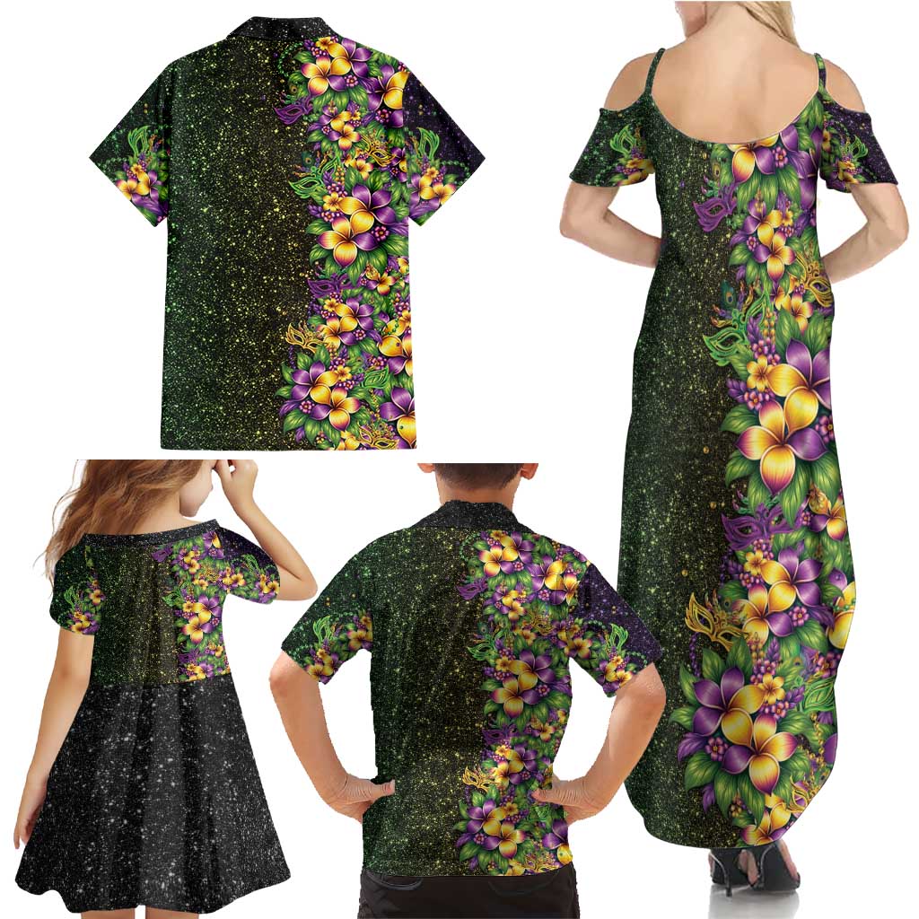 Hawaii Mardi Gras Family Matching Summer Maxi Dress and Hawaiian Shirt Tropical Flowers Glitter Style